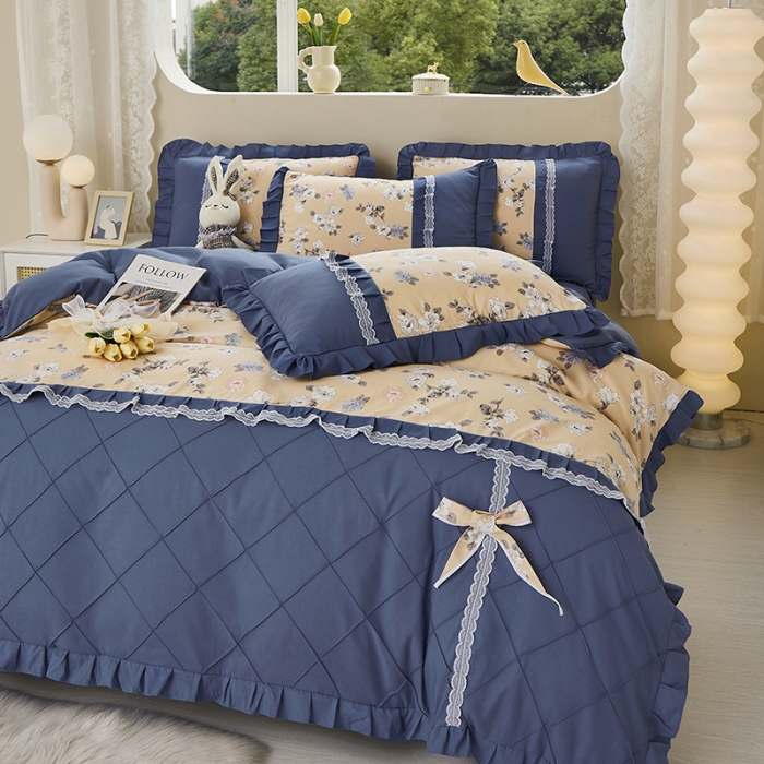 91家纺网 家纺一手货源 找家纺 靓生活 2023新款贡棉浪漫花边印花四件套 莫颜-浅驼