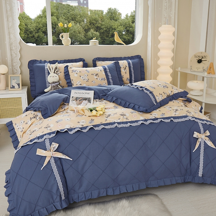 91家纺网 家纺一手货源 找家纺 靓生活 2023新款贡棉浪漫花边印花四件套 莫颜-浅驼