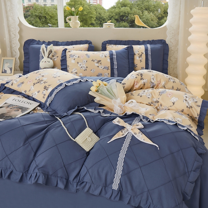 91家纺网 家纺一手货源 找家纺 靓生活 2023新款贡棉浪漫花边印花四件套 莫颜-浅驼