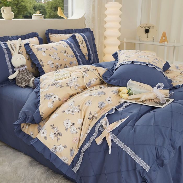 91家纺网 家纺一手货源 找家纺 靓生活 2023新款贡棉浪漫花边印花四件套 莫颜-浅驼