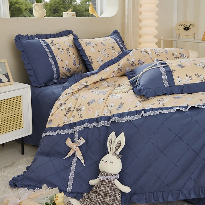 91家纺网 家纺一手货源 找家纺 靓生活 2023新款贡棉浪漫花边印花四件套 莫颜-浅驼