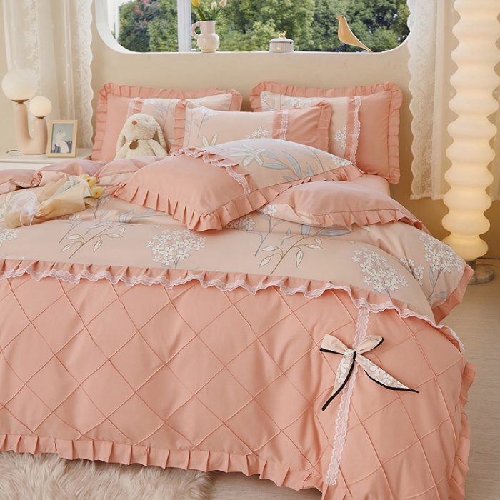 91家纺网 家纺一手货源 找家纺 靓生活 2023新款贡棉浪漫花边印花四件套 沐辰花开-芙蓉玉