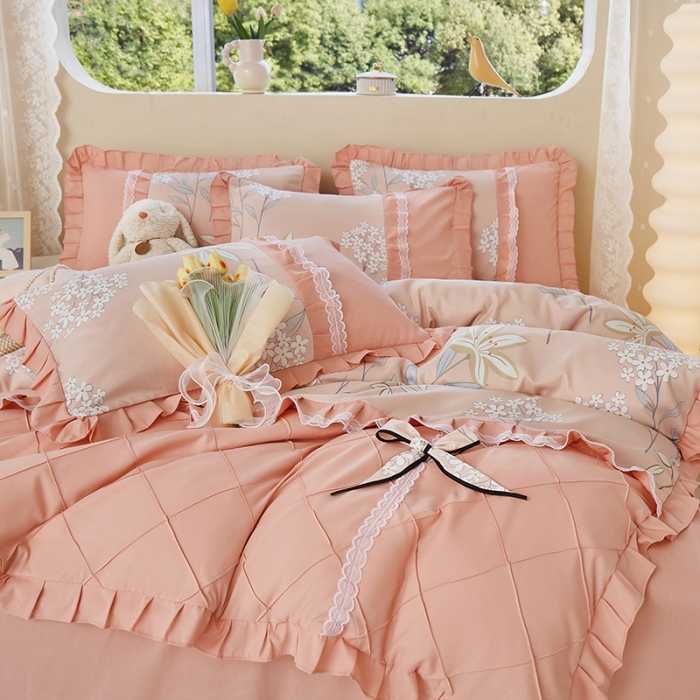 91家纺网 家纺一手货源 找家纺 靓生活 2023新款贡棉浪漫花边印花四件套 沐辰花开-芙蓉玉