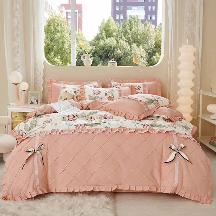 91家纺网 家纺一手货源 找家纺 靓生活 2023新款贡棉浪漫花边印花四件套 蔷薇岛屿-阳光米