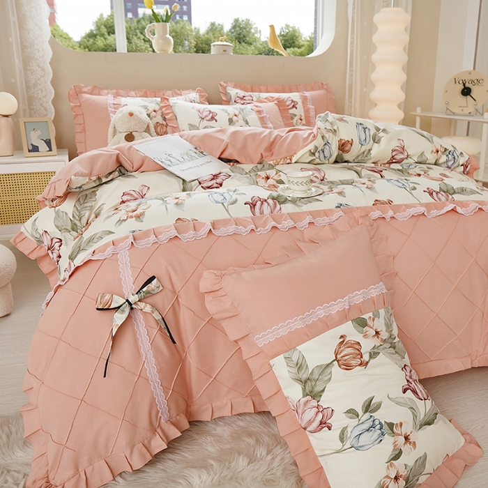 91家纺网 家纺一手货源 找家纺 靓生活 2023新款贡棉浪漫花边印花四件套 蔷薇岛屿-阳光米