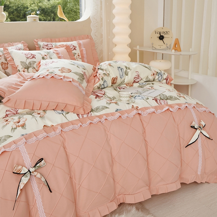 91家纺网 家纺一手货源 找家纺 靓生活 2023新款贡棉浪漫花边印花四件套 蔷薇岛屿-阳光米