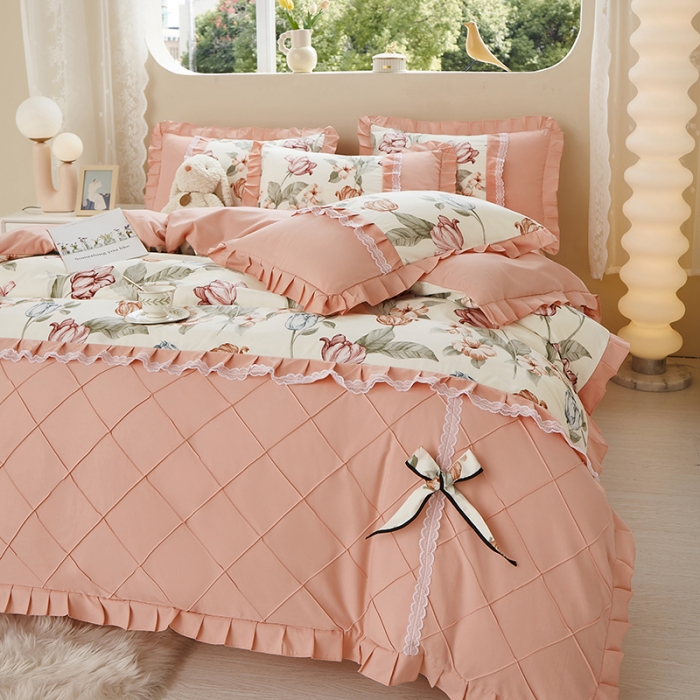 91家纺网 家纺一手货源 找家纺 靓生活 2023新款贡棉浪漫花边印花四件套 蔷薇岛屿-阳光米