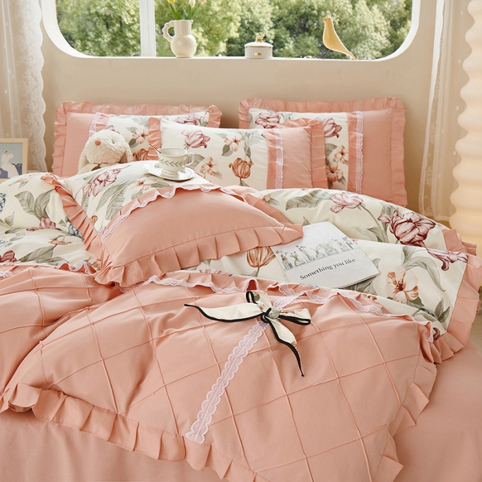 91家纺网 家纺一手货源 找家纺 靓生活 2023新款贡棉浪漫花边印花四件套 蔷薇岛屿-阳光米