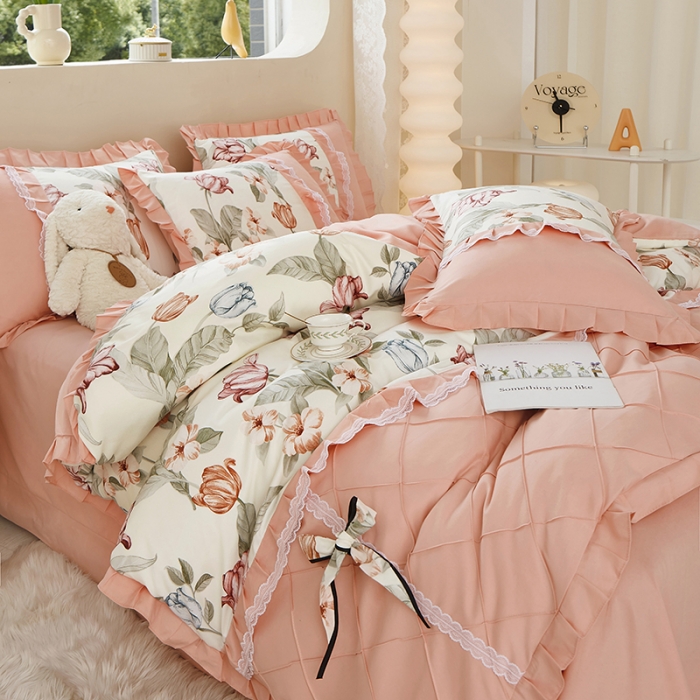 91家纺网 家纺一手货源 找家纺 靓生活 2023新款贡棉浪漫花边印花四件套 蔷薇岛屿-阳光米