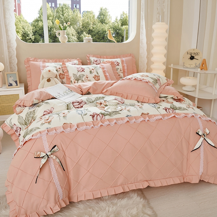 91家纺网 家纺一手货源 找家纺 靓生活 2023新款贡棉浪漫花边印花四件套 蔷薇岛屿-阳光米