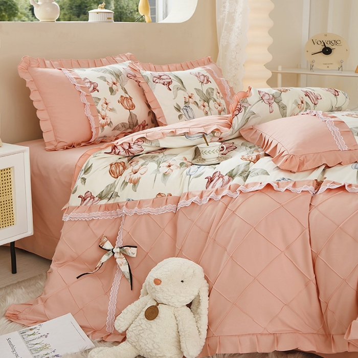 91家纺网 家纺一手货源 找家纺 靓生活 2023新款贡棉浪漫花边印花四件套 蔷薇岛屿-阳光米