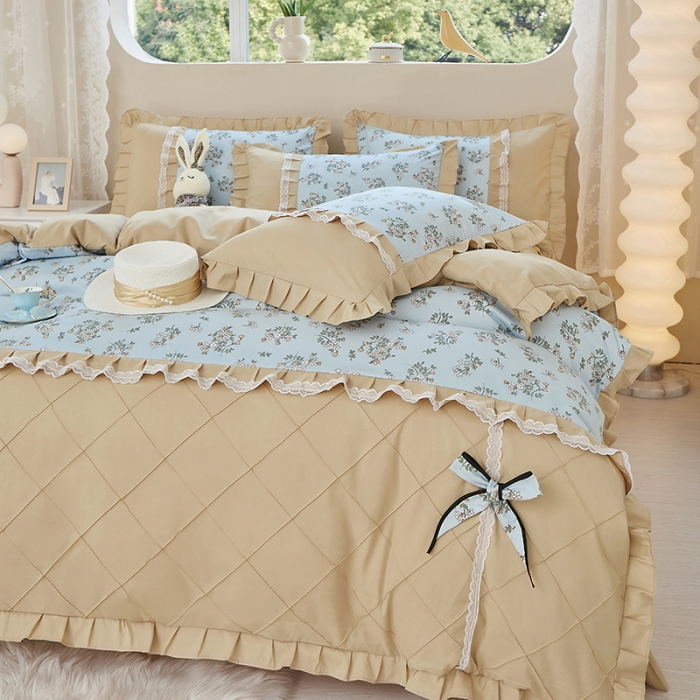 91家纺网 家纺一手货源 找家纺 靓生活 2023新款贡棉浪漫花边印花四件套 苏雅-天空蓝