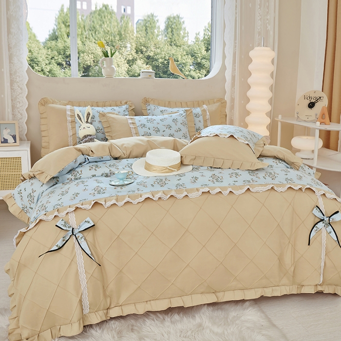 91家纺网 家纺一手货源 找家纺 靓生活 2023新款贡棉浪漫花边印花四件套 苏雅-天空蓝