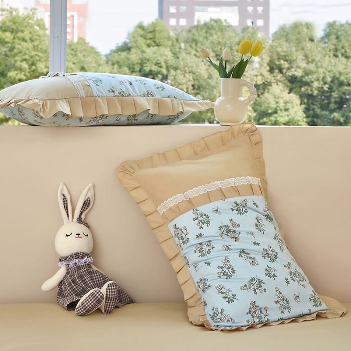 91家纺网 家纺一手货源 找家纺 靓生活 2023新款贡棉浪漫花边印花四件套 苏雅-天空蓝