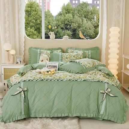 靓生活 2023新款贡棉浪漫花边印花四件套 香草集-灰绿