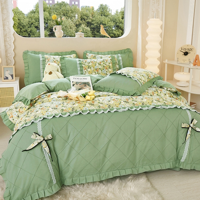 91家纺网 家纺一手货源 找家纺 靓生活 2023新款贡棉浪漫花边印花四件套 香草集-灰绿