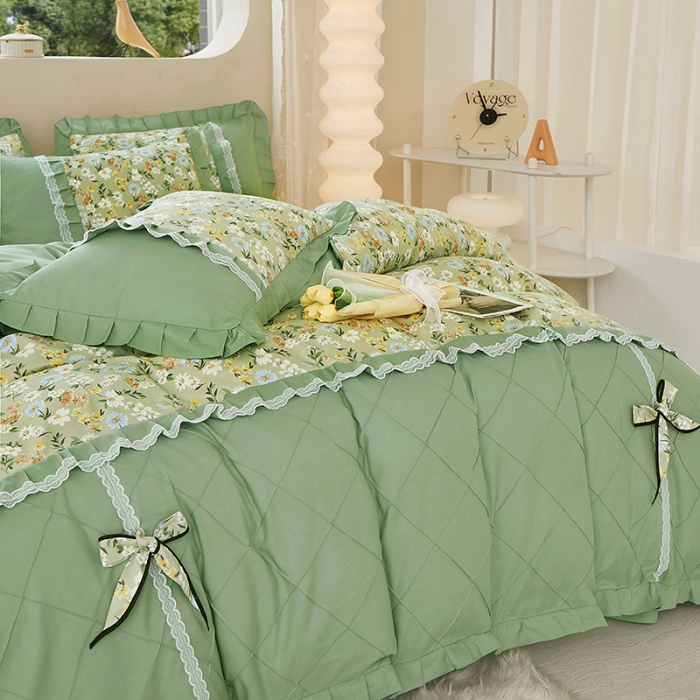 91家纺网 家纺一手货源 找家纺 靓生活 2023新款贡棉浪漫花边印花四件套 香草集-灰绿