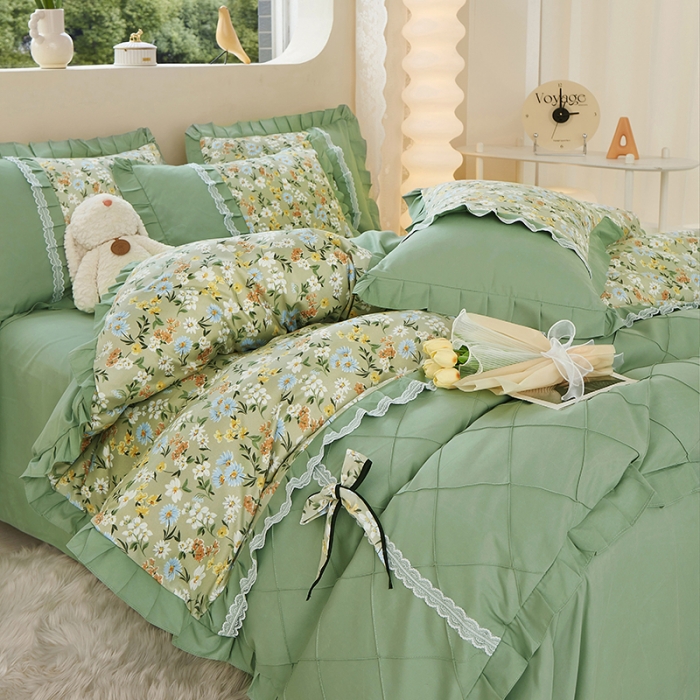 91家纺网 家纺一手货源 找家纺 靓生活 2023新款贡棉浪漫花边印花四件套 香草集-灰绿