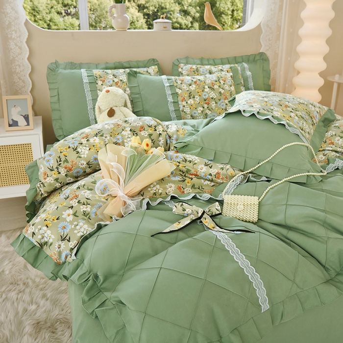 91家纺网 家纺一手货源 找家纺 靓生活 2023新款贡棉浪漫花边印花四件套 香草集-灰绿