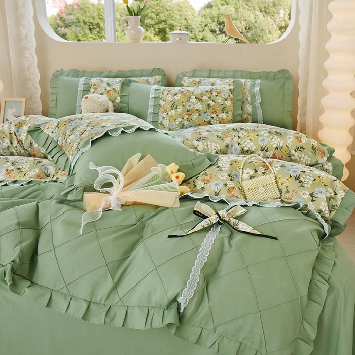 91家纺网 家纺一手货源 找家纺 靓生活 2023新款贡棉浪漫花边印花四件套 香草集-灰绿