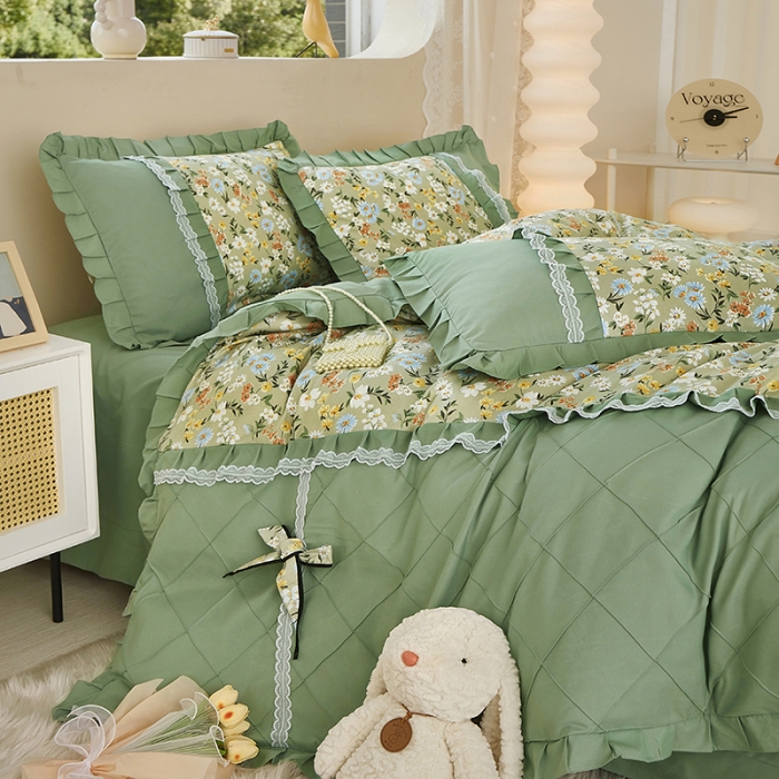 91家纺网 家纺一手货源 找家纺 靓生活 2023新款贡棉浪漫花边印花四件套 香草集-灰绿