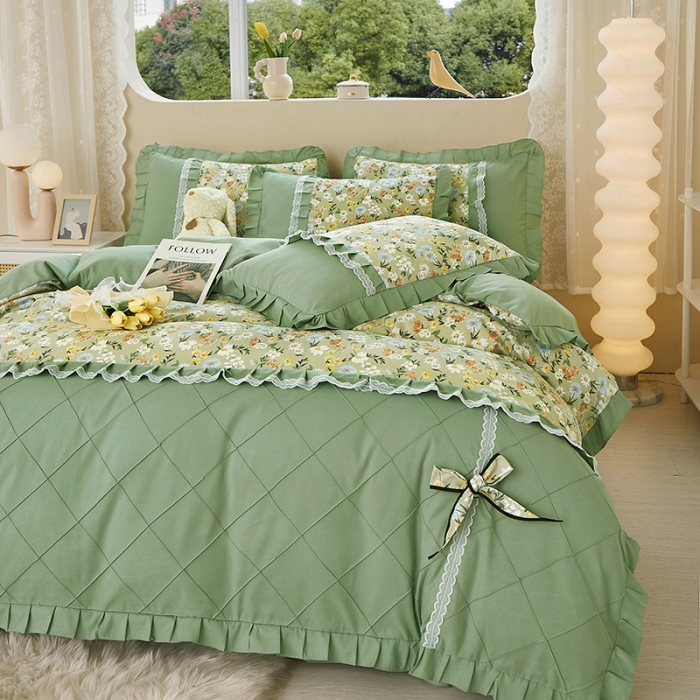 91家纺网 家纺一手货源 找家纺 靓生活 2023新款贡棉浪漫花边印花四件套 香草集-灰绿