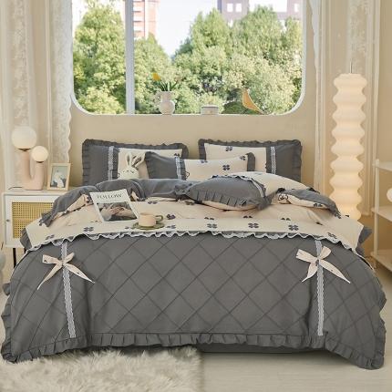 靓生活 2023新款贡棉浪漫花边印花四件套 幸运草-米驼