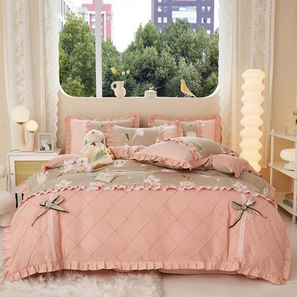 靓生活 2023新款贡棉浪漫花边印花四件套 旋风记忆-温情咖