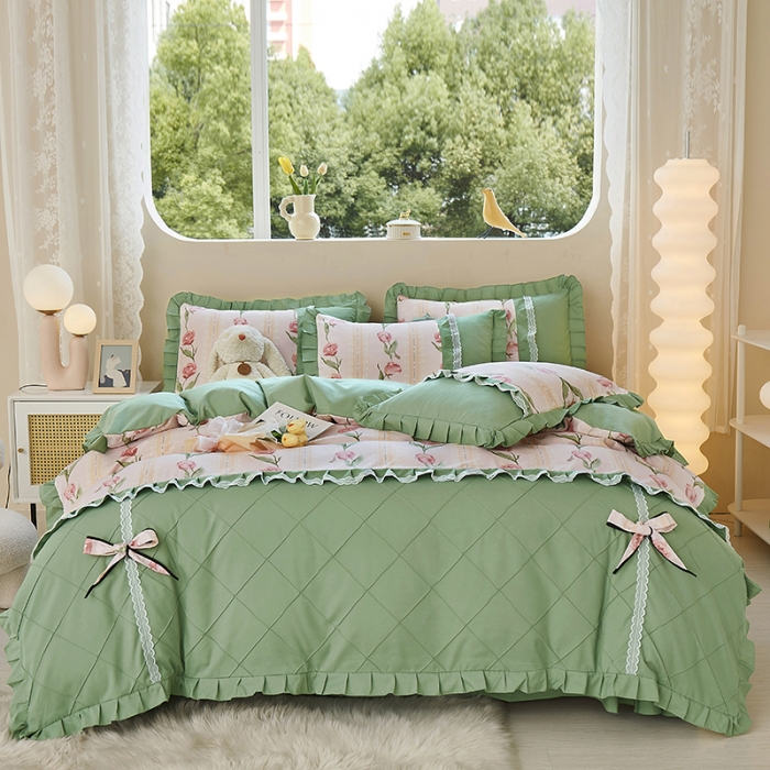 91家纺网 家纺一手货源 找家纺 靓生活 2023新款贡棉浪漫花边印花四件套 泫雅-樱桃粉