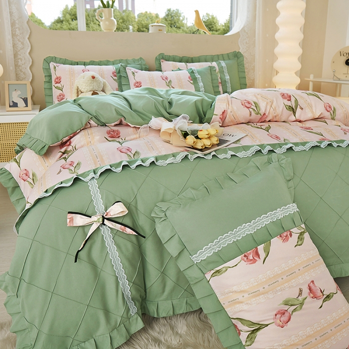 91家纺网 家纺一手货源 找家纺 靓生活 2023新款贡棉浪漫花边印花四件套 泫雅-樱桃粉