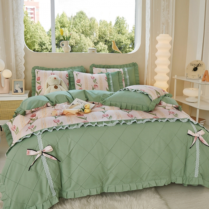 91家纺网 家纺一手货源 找家纺 靓生活 2023新款贡棉浪漫花边印花四件套 泫雅-樱桃粉