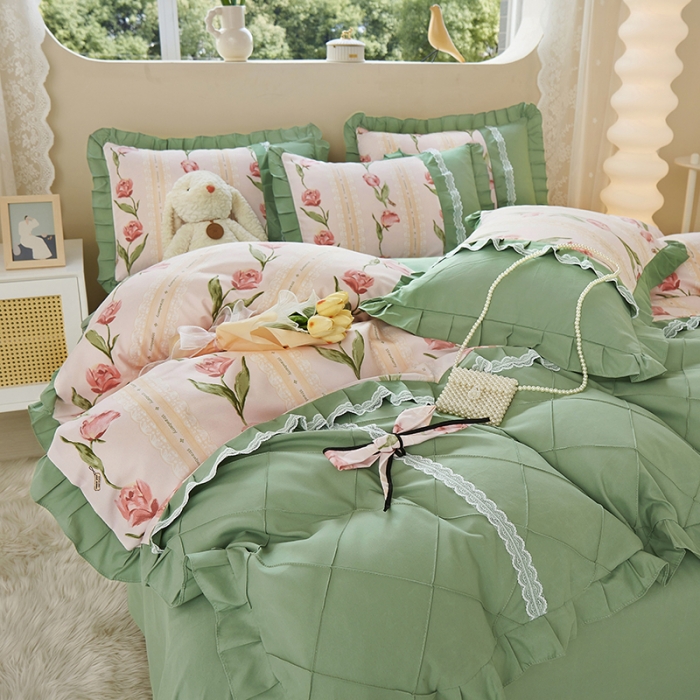 91家纺网 家纺一手货源 找家纺 靓生活 2023新款贡棉浪漫花边印花四件套 泫雅-樱桃粉