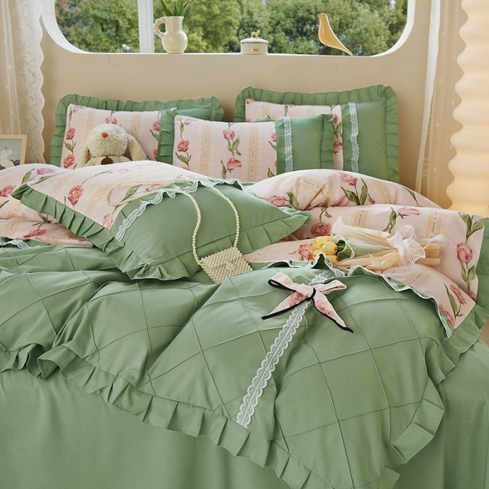 91家纺网 家纺一手货源 找家纺 靓生活 2023新款贡棉浪漫花边印花四件套 泫雅-樱桃粉