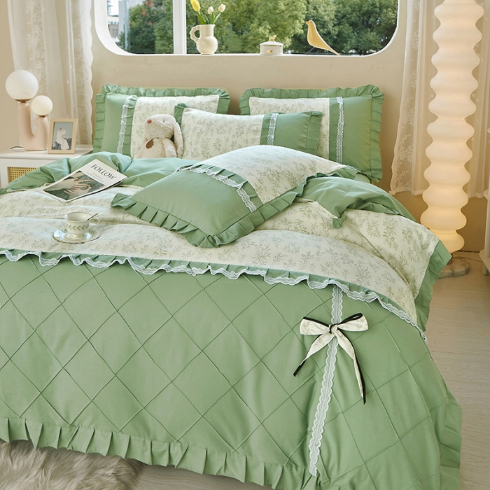 91家纺网 家纺一手货源 找家纺 靓生活 2023新款贡棉浪漫花边印花四件套 悠悠香草-米杏