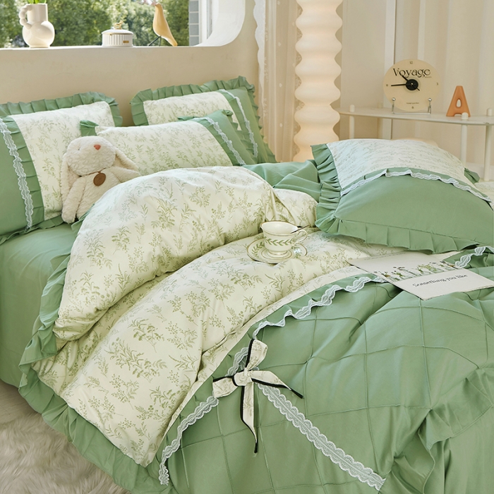 91家纺网 家纺一手货源 找家纺 靓生活 2023新款贡棉浪漫花边印花四件套 悠悠香草-米杏