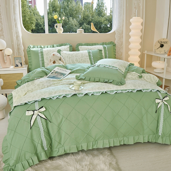 91家纺网 家纺一手货源 找家纺 靓生活 2023新款贡棉浪漫花边印花四件套 悠悠香草-米杏