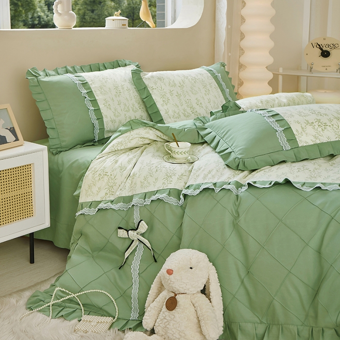 91家纺网 家纺一手货源 找家纺 靓生活 2023新款贡棉浪漫花边印花四件套 悠悠香草-米杏