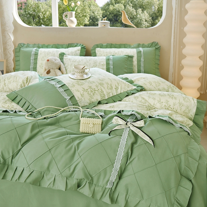 91家纺网 家纺一手货源 找家纺 靓生活 2023新款贡棉浪漫花边印花四件套 悠悠香草-米杏