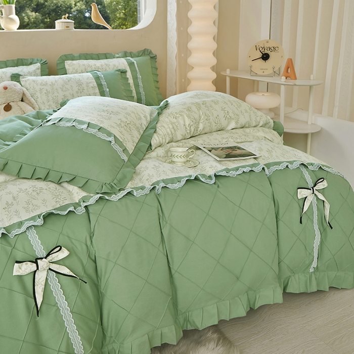 91家纺网 家纺一手货源 找家纺 靓生活 2023新款贡棉浪漫花边印花四件套 悠悠香草-米杏