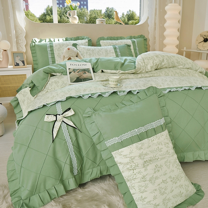 91家纺网 家纺一手货源 找家纺 靓生活 2023新款贡棉浪漫花边印花四件套 悠悠香草-米杏