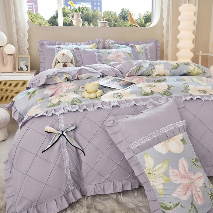 91家纺网 家纺一手货源 找家纺 靓生活 2023新款贡棉浪漫花边印花四件套 雨后花园-清新灰