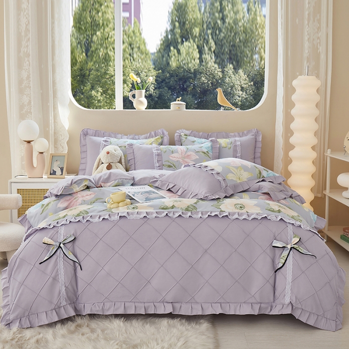 91家纺网 家纺一手货源 找家纺 靓生活 2023新款贡棉浪漫花边印花四件套 雨后花园-清新灰