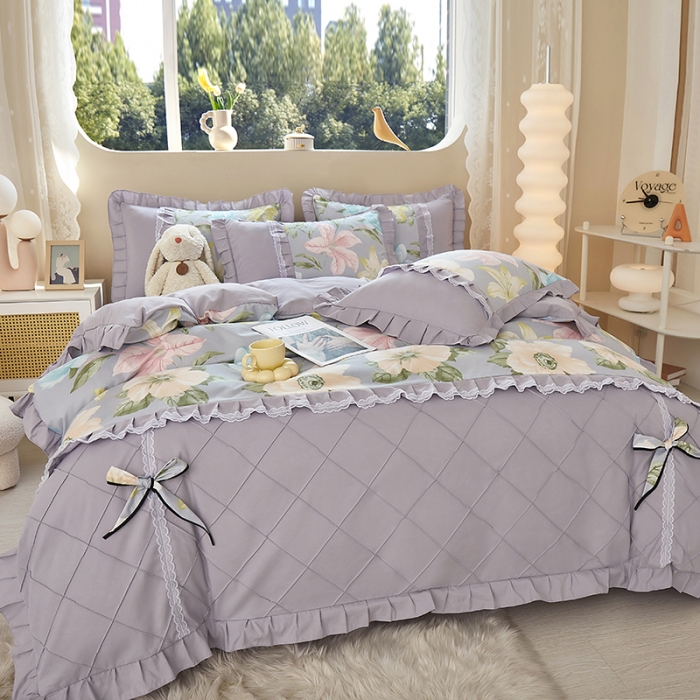 91家纺网 家纺一手货源 找家纺 靓生活 2023新款贡棉浪漫花边印花四件套 雨后花园-清新灰