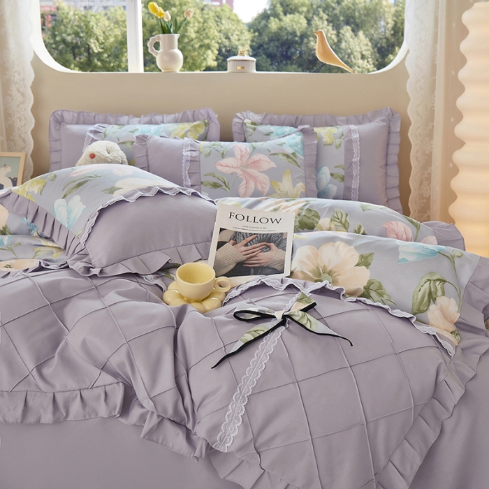 91家纺网 家纺一手货源 找家纺 靓生活 2023新款贡棉浪漫花边印花四件套 雨后花园-清新灰