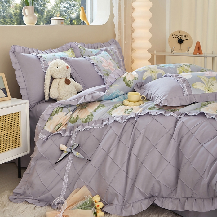 91家纺网 家纺一手货源 找家纺 靓生活 2023新款贡棉浪漫花边印花四件套 雨后花园-清新灰