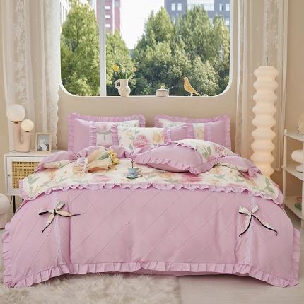 靓生活 2023新款贡棉浪漫花边印花四件套 郁金花开-玫瑰粉