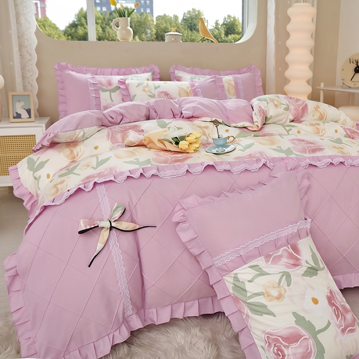 91家纺网 家纺一手货源 找家纺 靓生活 2023新款贡棉浪漫花边印花四件套 郁金花开-玫瑰粉