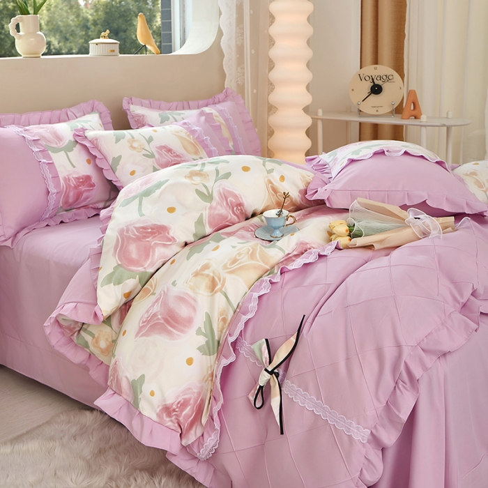 91家纺网 家纺一手货源 找家纺 靓生活 2023新款贡棉浪漫花边印花四件套 郁金花开-玫瑰粉