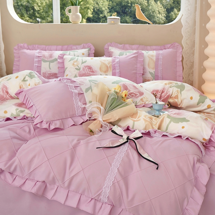 91家纺网 家纺一手货源 找家纺 靓生活 2023新款贡棉浪漫花边印花四件套 郁金花开-玫瑰粉