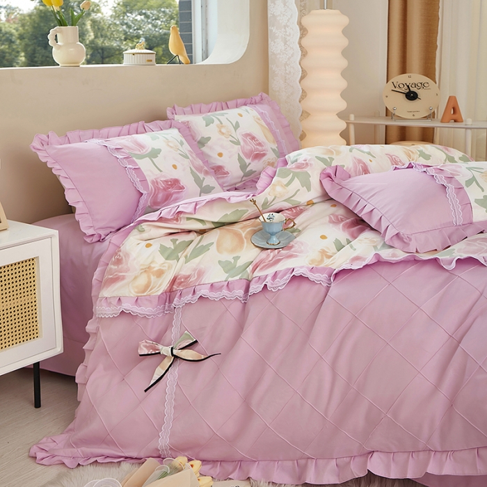 91家纺网 家纺一手货源 找家纺 靓生活 2023新款贡棉浪漫花边印花四件套 郁金花开-玫瑰粉